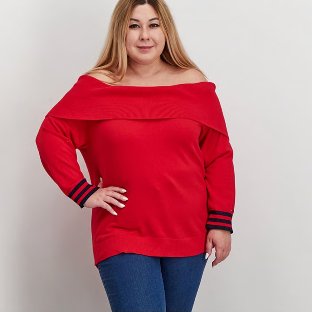 Tommy Hilfiger-2X Off-Shoulder Red Sweater